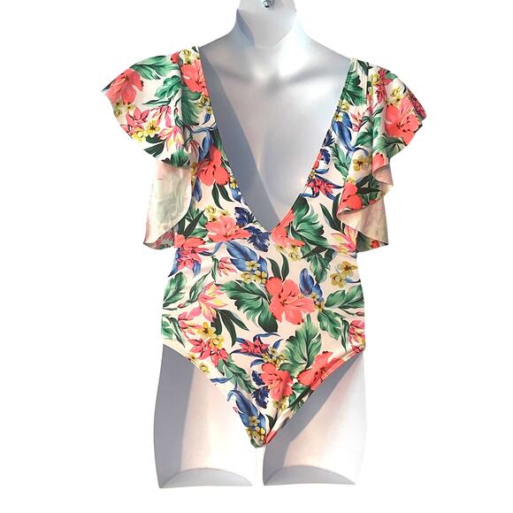 3/$20 One Piece Swimsuit Sz S 4 Sexy Deep V-neck Open Back Tropical Ruffled New - Picture 3 of 7